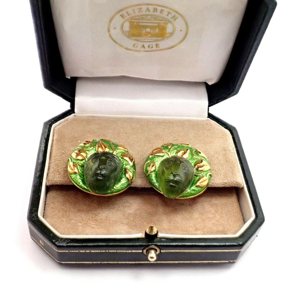 Rare! Elizabeth Gage 18k Yellow Gold Carved Peridot Green Enamel Lion Earrings - Picture 2 of 10